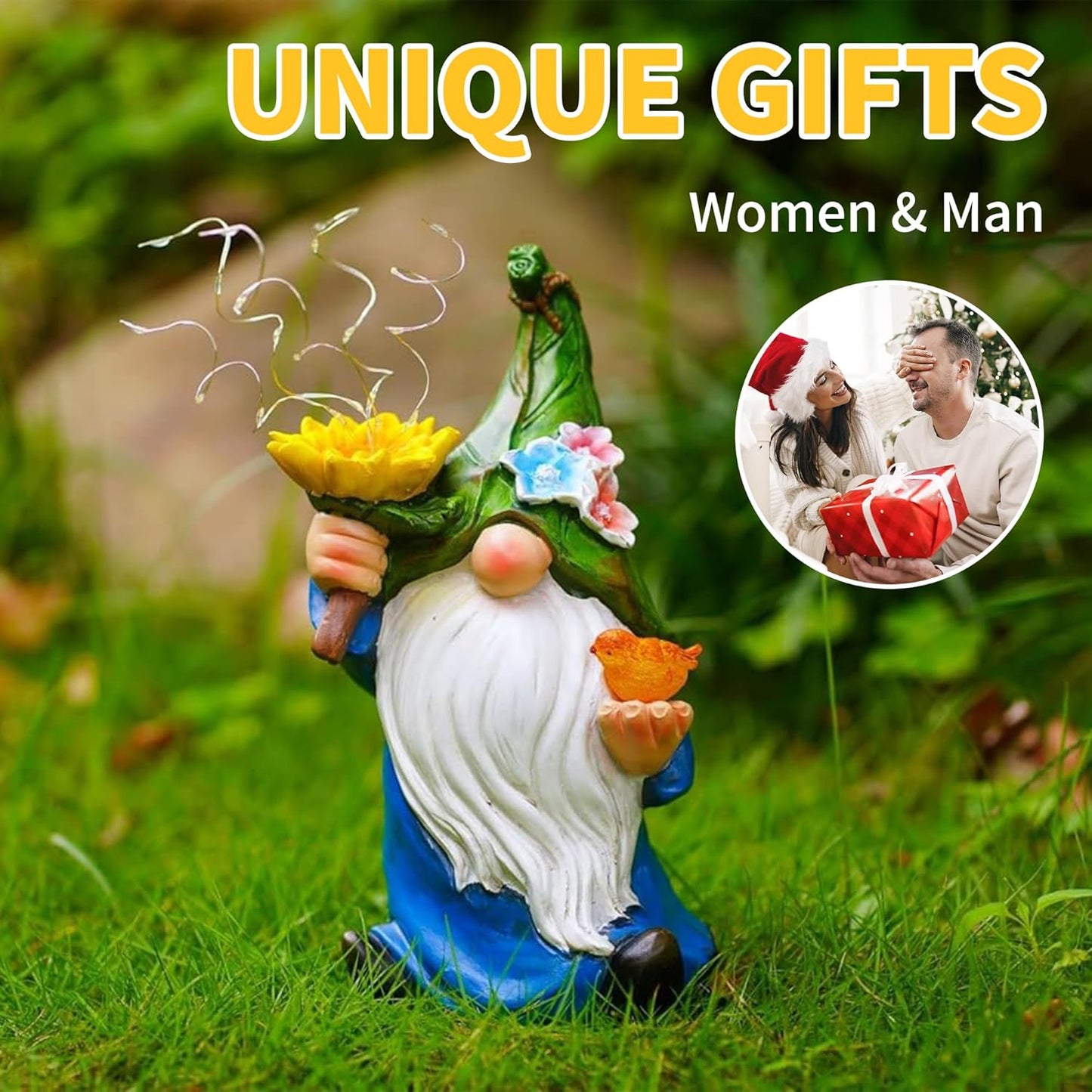 Outdoor Garden Gnomes Statue: 9.5‘’ Solar Garden Decor with LED Light Patio Yard Lawn Funny Decoration Housewarming Birthday Gifts for Women