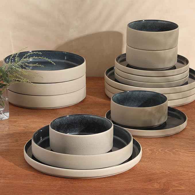 Gibson Elite Liberty Bay 16-Piece Pottery Clay Stoneware Dinnerware Set – Blue Reactive Glaze, Stackable Plates and Bowls W/Pasta Bowl, Service for 4 – Microwave & Dishwasher Safe