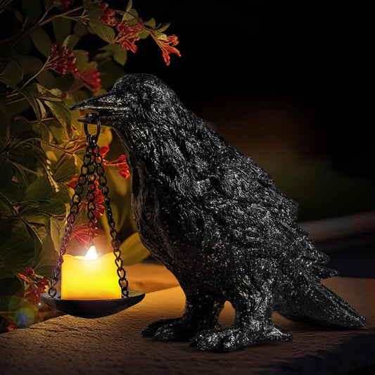 Gothic Crow Lamp Tealight Candle Holder Raven Statue for Indoor Outdoor Decor Halloween Garden Resin Statue Black Stone