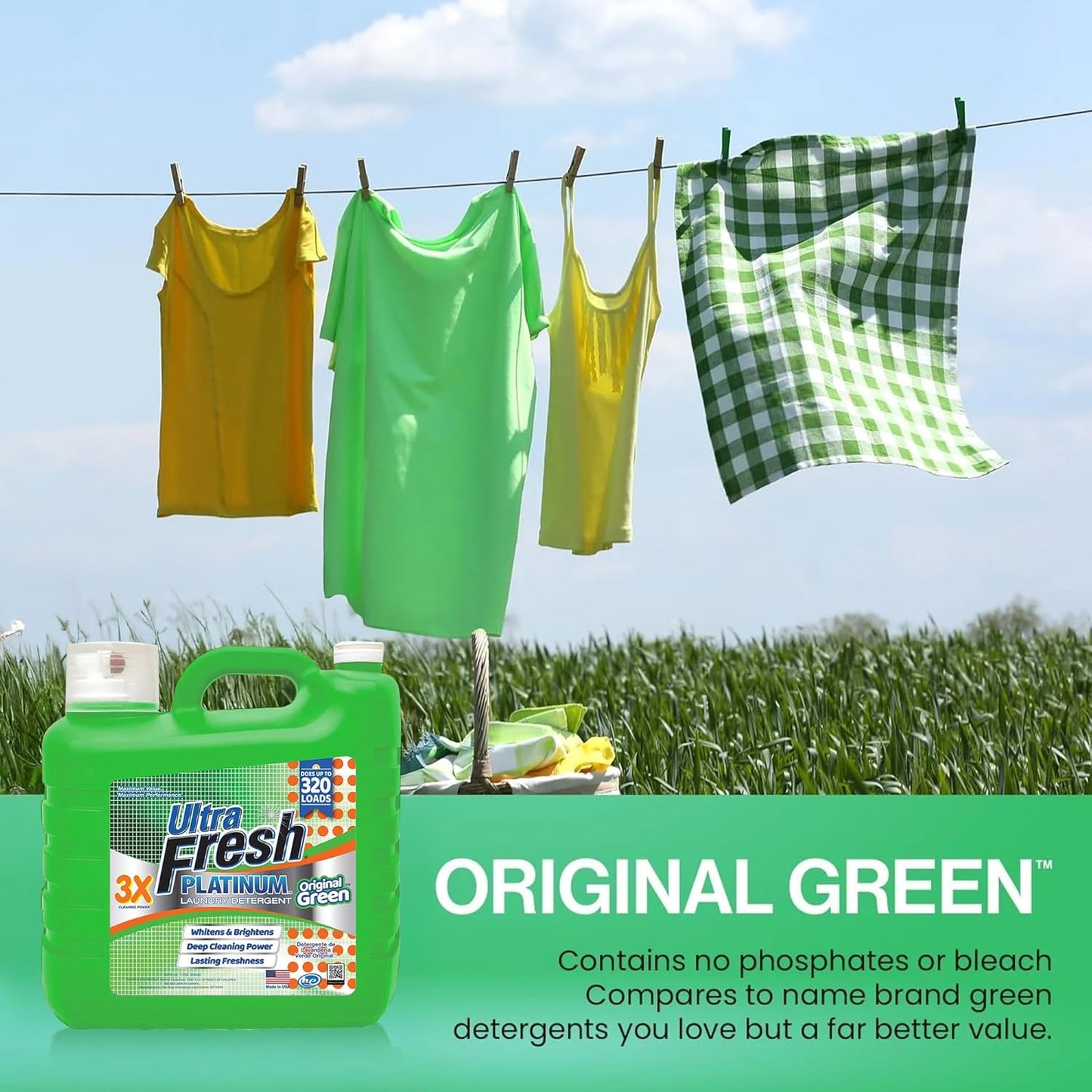 Ultra Fresh 2 Pack 3X Platinum Liquid Laundry Detergent up to 320 Loads, Original Green - Deep Cleaning Power and Fresh Scent for Washing Clothes
