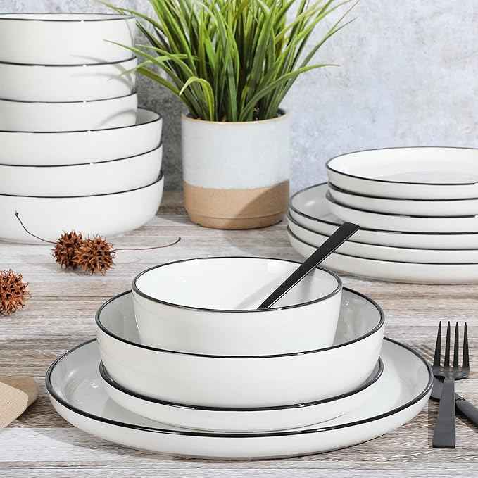 Gibson Home Oslo 16-Piece Porcelain Dinnerware Set, Service for 4 – White Plates with Black Rim, Microwave & Dishwasher Safe