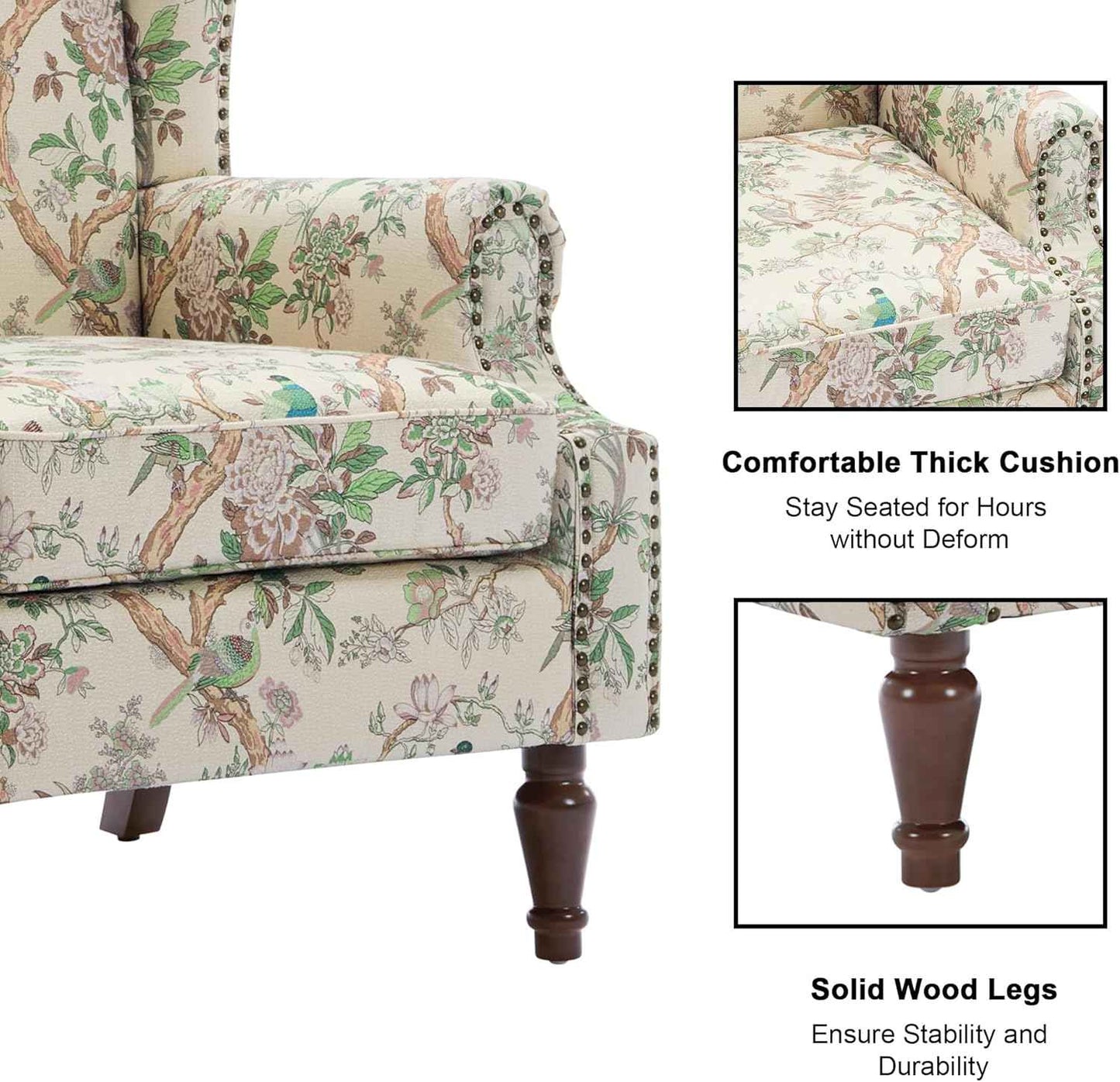 Floral High Back Accent Chair, Upholstered Armchair with Solid Wood Legs, Comfy Wingback Reading Single Sofa Chair for Small Spaces, Living Room, Bedroom(Floral Bird, Set of 1)