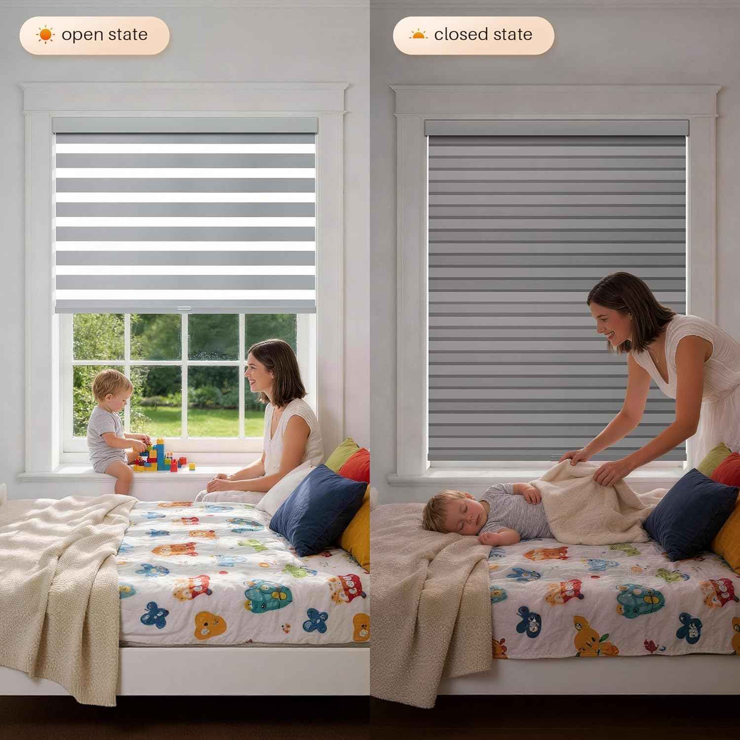 Cordless Zebra Blinds for Windows, Free-Stop Zebra Window Blinds, Dual Layer Light Filtering for Privacy, Easy Install Zebra Shades for Indoor Windows(Gray,36" W x 72 "H)