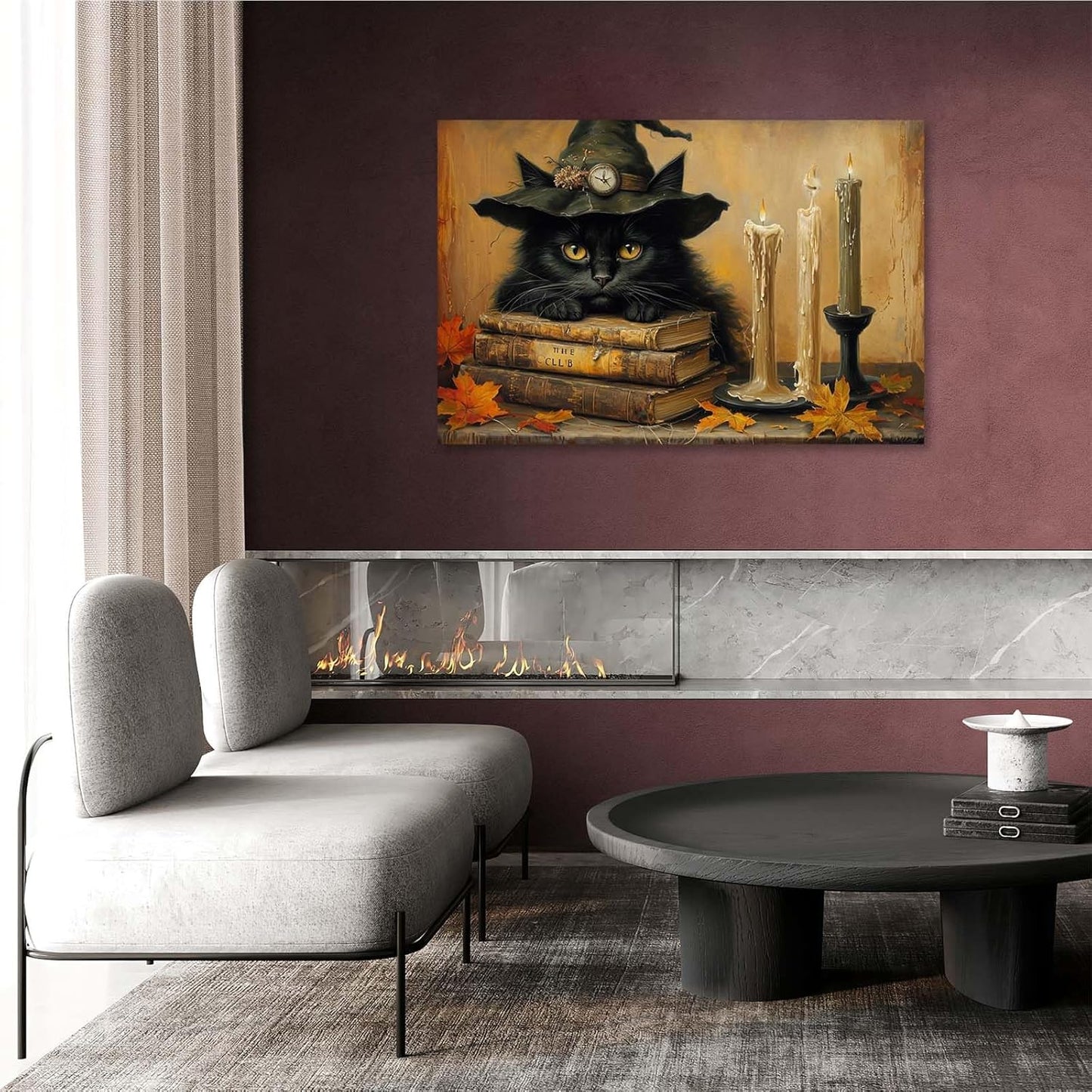 Vintage Halloween wall decoration black cat and magic book suitable for home bedroom living room decoration dark classic art witch wall decoration28x40in Wood Framed