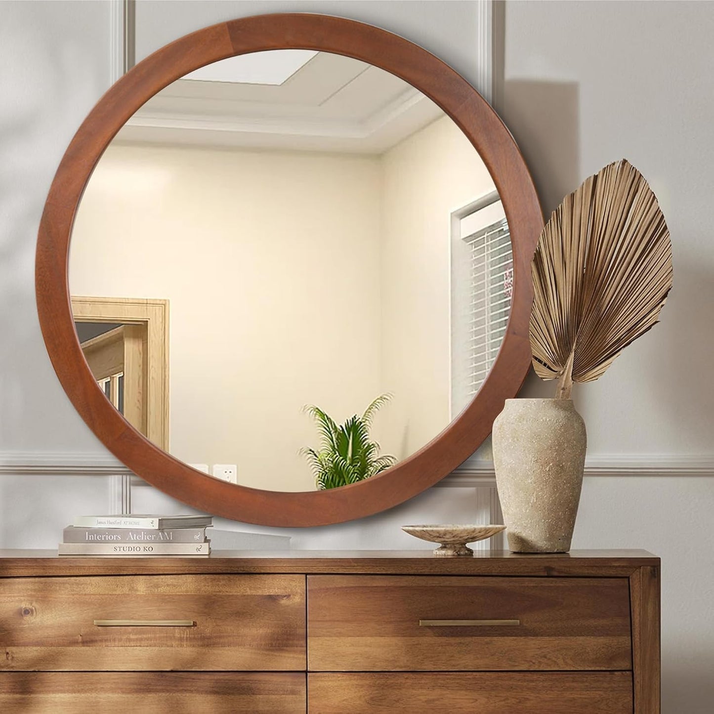 CULER Round Mirror 36 Inch,Wood Rustic Bathroom Tempered Wall Mirror with Walnut Frame,Farmhouse Wooden Vanity Circle Mirrors for Living Room,Entryway or Bedroom（Walnut Brown）