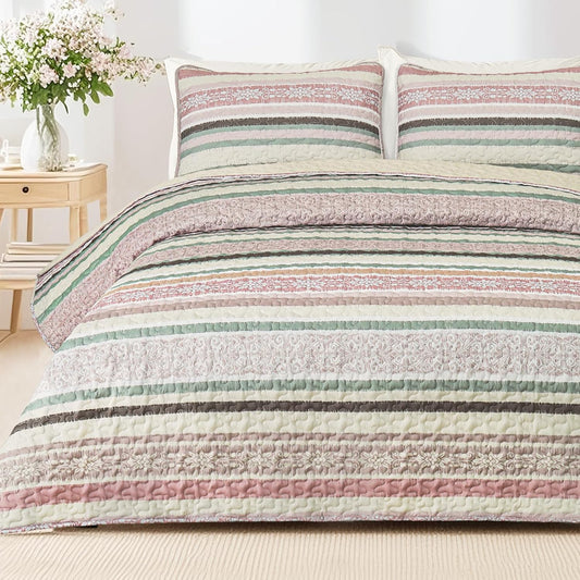 Exclusivo Mezcla Reversible Boho Quilt Set King Size, 3 Pieces Bohemian Pink All Season Bedspreads, Ultra Soft Floral Coverlet Bedding Set with Printed Pattern (1 Quilt, 2 Pillow Shams)