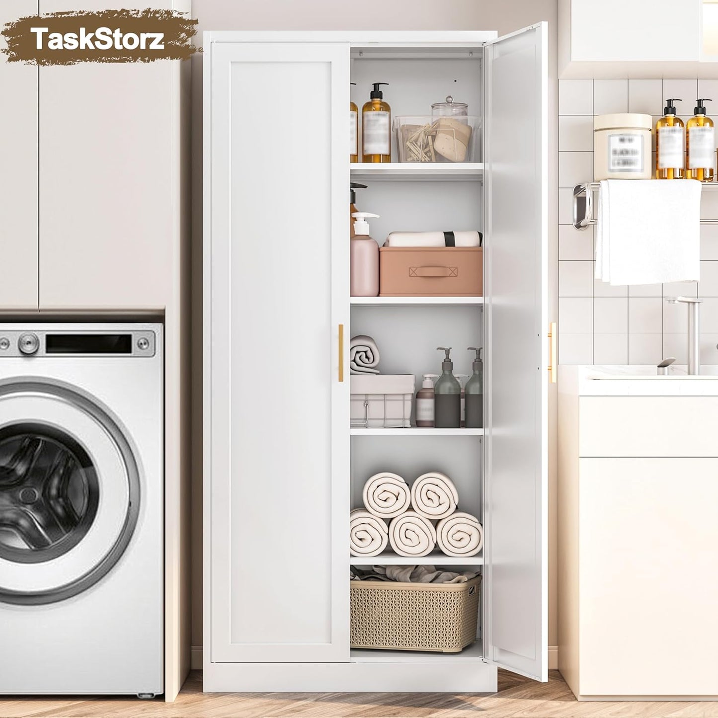 71" Tall Kitchen Pantry Cabinet, White Metal Kitchen Pantry Storage Cabinet with Doors and 4 Adjustable Shelves, Freestanding Pantry Cupboard for Living, Dining Room, Kitchen