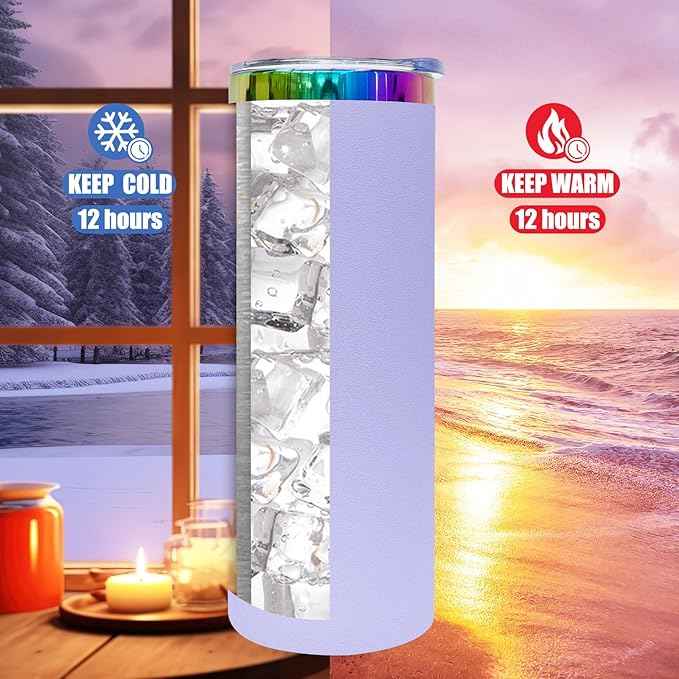 20 oz Skinny Tumblers Stainless Steel Tumbler with Lid and Straw Double Wall Vacuum Insulated Coffee Mug 20oz Powder Coated Cup for Hot and Cold Drinks(Purple,8 pack)