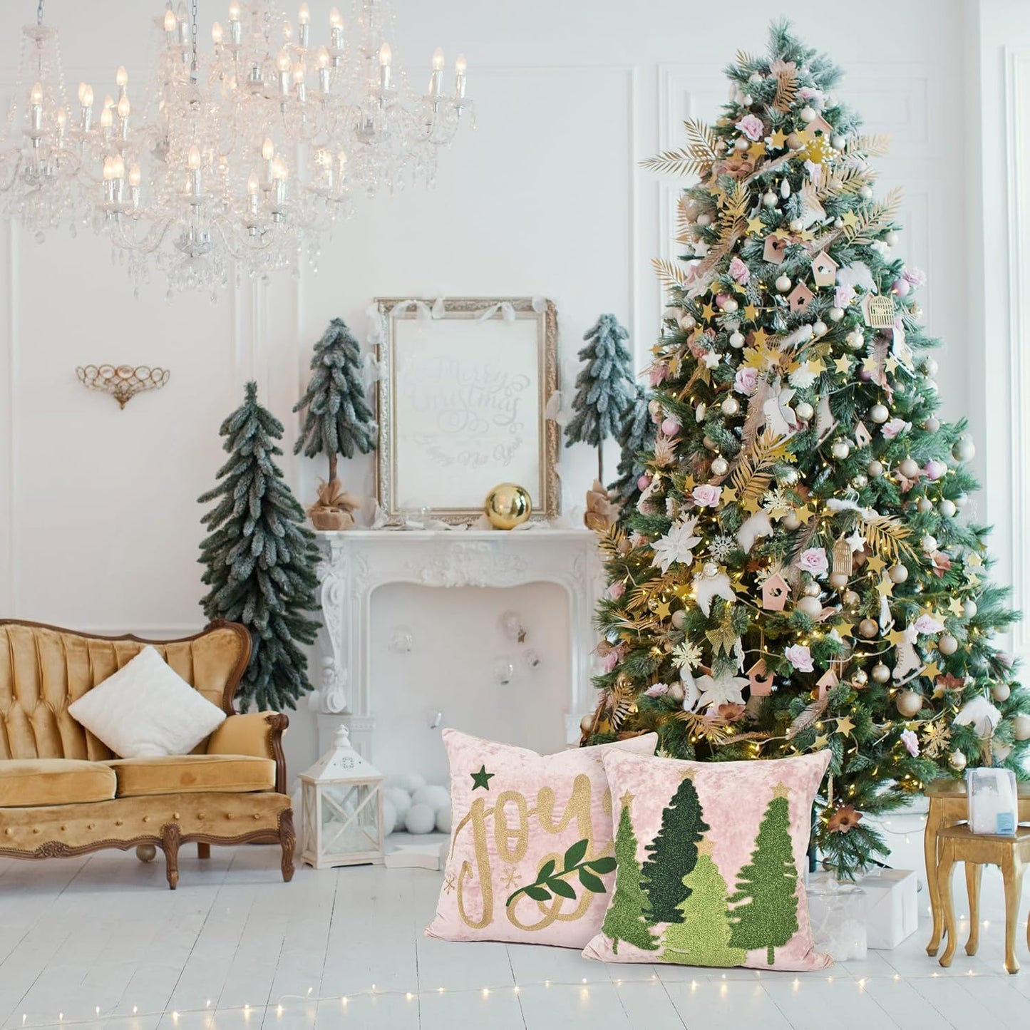 Christmas Tree Pillow Covers 18x18, Embroidered Throw Pillow Covers for Holiday Decorations, Pink Blush Green Velvet Cushion for Home Couch