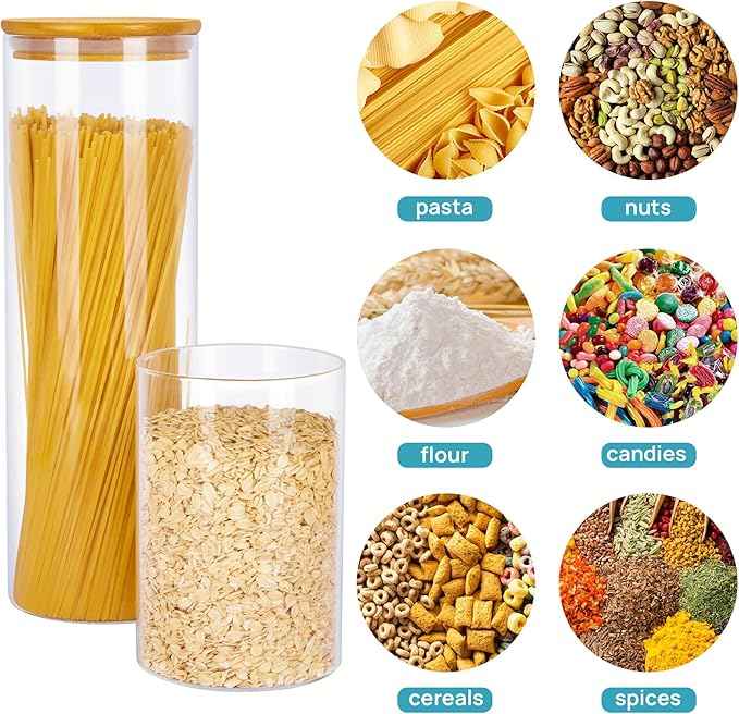 Vtopmart Glass Food Storage Jars, 7 Pack Kitchen Containers with Airtight Bamboo Wooden Lids for Pasta, Cookies, Nuts, Coffee Beans, Cereal, Canisters Set for Flour, Pantry Organization, BPA Free