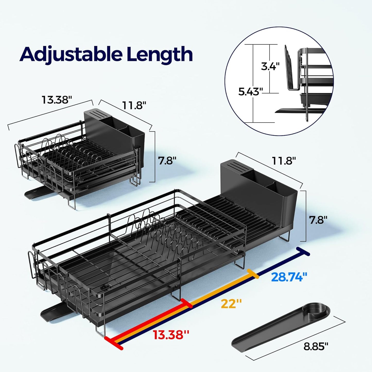 Large Dish Drying Rack, Expandable Dish Rack for Kitchen Counter, Dish Drainer with Drainboard Set, Multifunctional Dishrack with Utensil & Cup Holder, 13.4"-28.7" L x 11.8" W x 7.8" H, Black