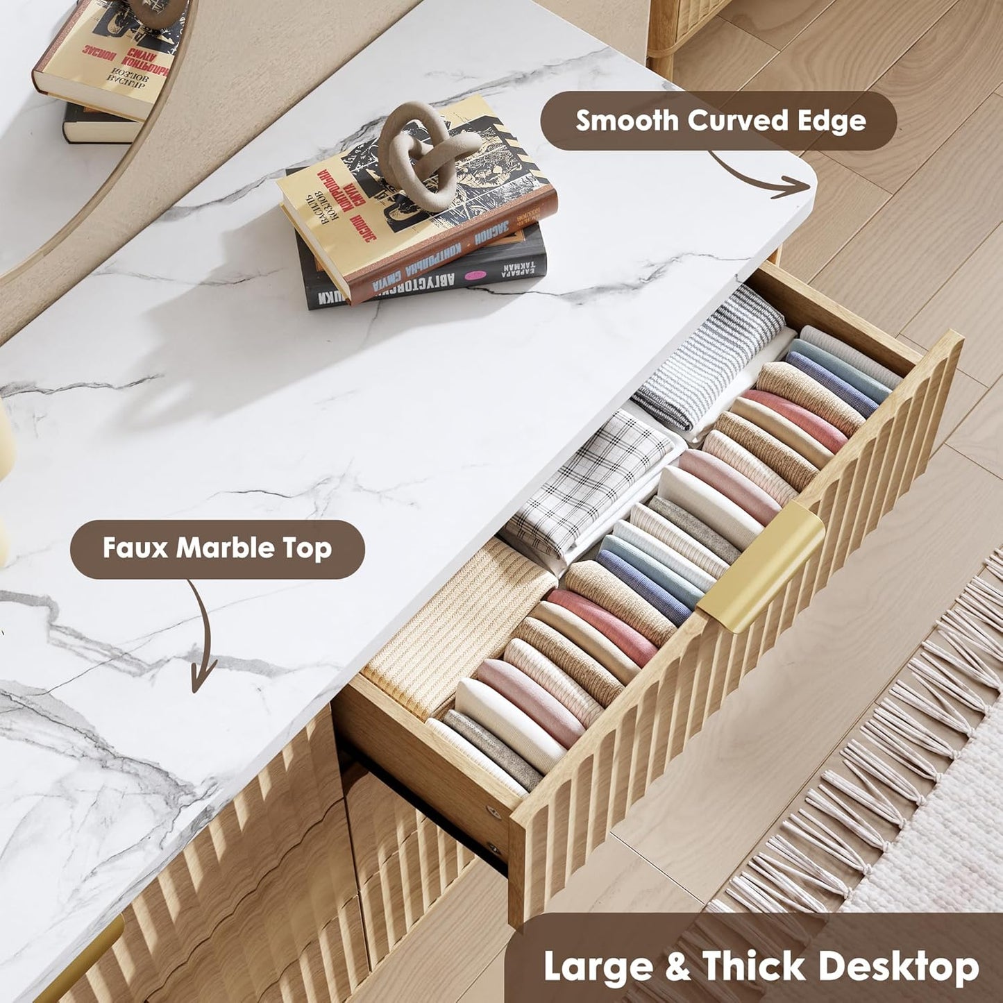 Fluted Dresser for Bedroom with 9 Deep Drawers, 60.6" Wide Modern Chest of Drawer with Faux Marble Top, Wooden Dresser TV Stand, Curved Profile Design, for Living Room, Kids Room, Hallway, Natural Oak