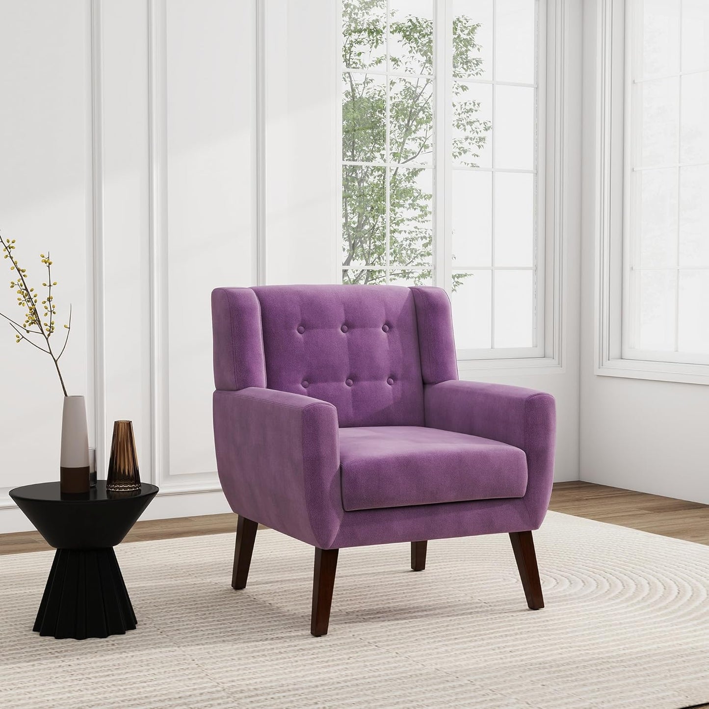 UIXE Accent Chair Modern Upholstered Armchair, Mid Century Club Arm Chairs Comfy Single Sofa Living Room Button Tufted Reading Seat Bedroom Side Seating, Velvet-Purple