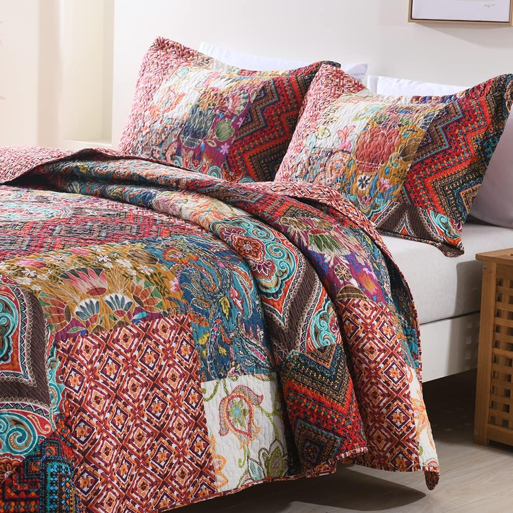 Autumn Dream Cotton Patchwork Bedspread Quilt Sets, Reversible Bedding Coverlet Sets, Red Gorgeous Vintage Pattern, King Size