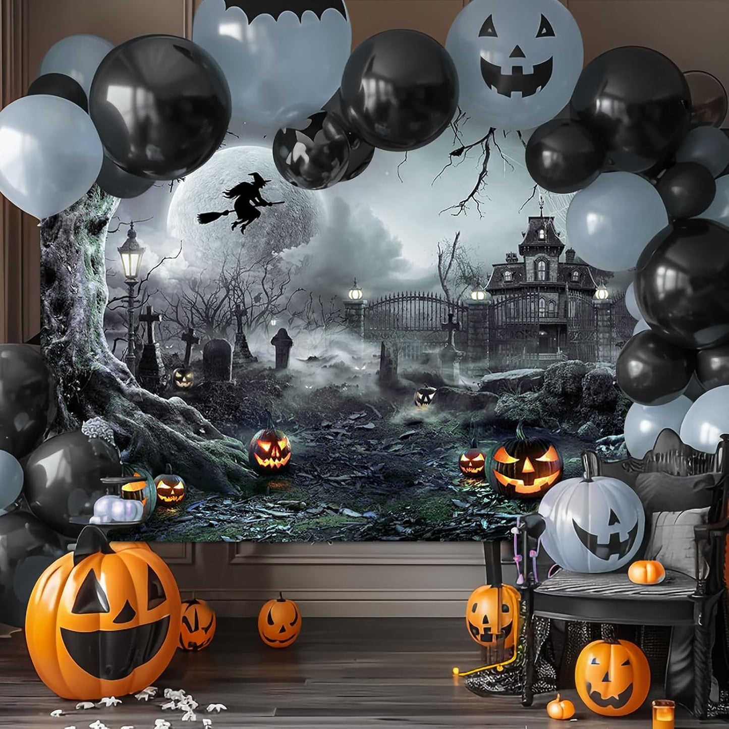 Avezano Halloween Photography Backdrop Full Moon Scary Night Castle Pumpkins Party Background Spooky Witch Bats Cemetery Child Kids Halloween Party Decorations Photoshoot Backdrops (7x5ft, Gray)