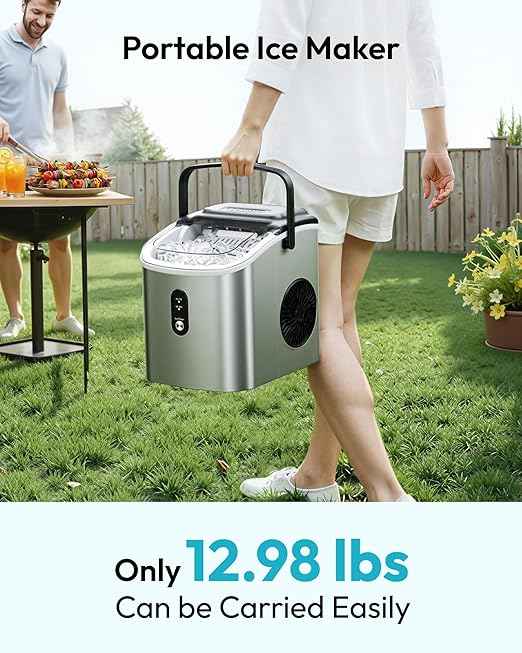EUHOMY Ice Maker Countertop, Portable Ice Machine with Carry Handle, 26.5lbs Per Day, 9 Cubes in 6 Mins, Auto-Cleaning, with Basket and Scoop, for Home, Kitchen, Camping, RV (Silver)
