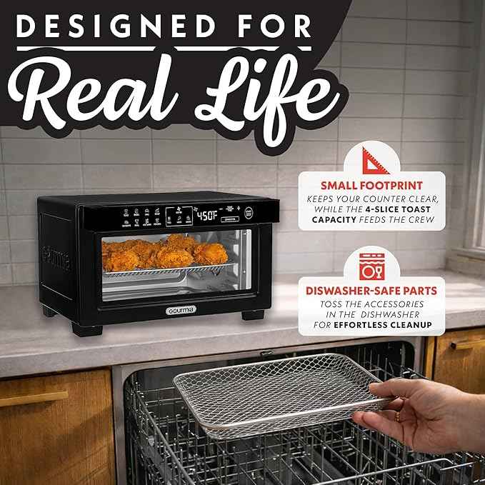 Gourmia Toaster Oven Digital Air Fryer - Convection Mode with 4 Slice Capacity, 3 Rack Positions, 12 Presets, Toast, Bagel, Bake, Roast, Broil, Dehydrate, Popcorn, Fits 9" Pizza, Black