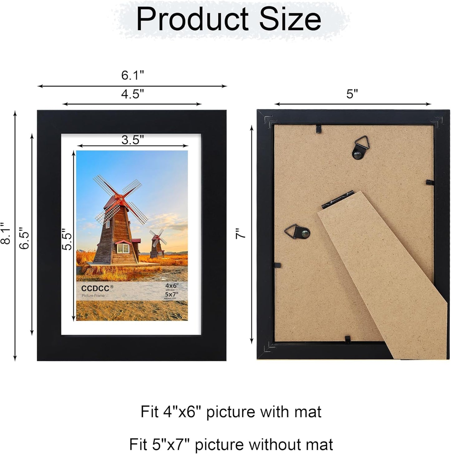 5x7 Picture Frame Set of 4, 5 x 7 Wood Photo Frames with Mat for 4x6, Wooden Frame with Real Glass Cover for Wall and Tabletop Display,Black