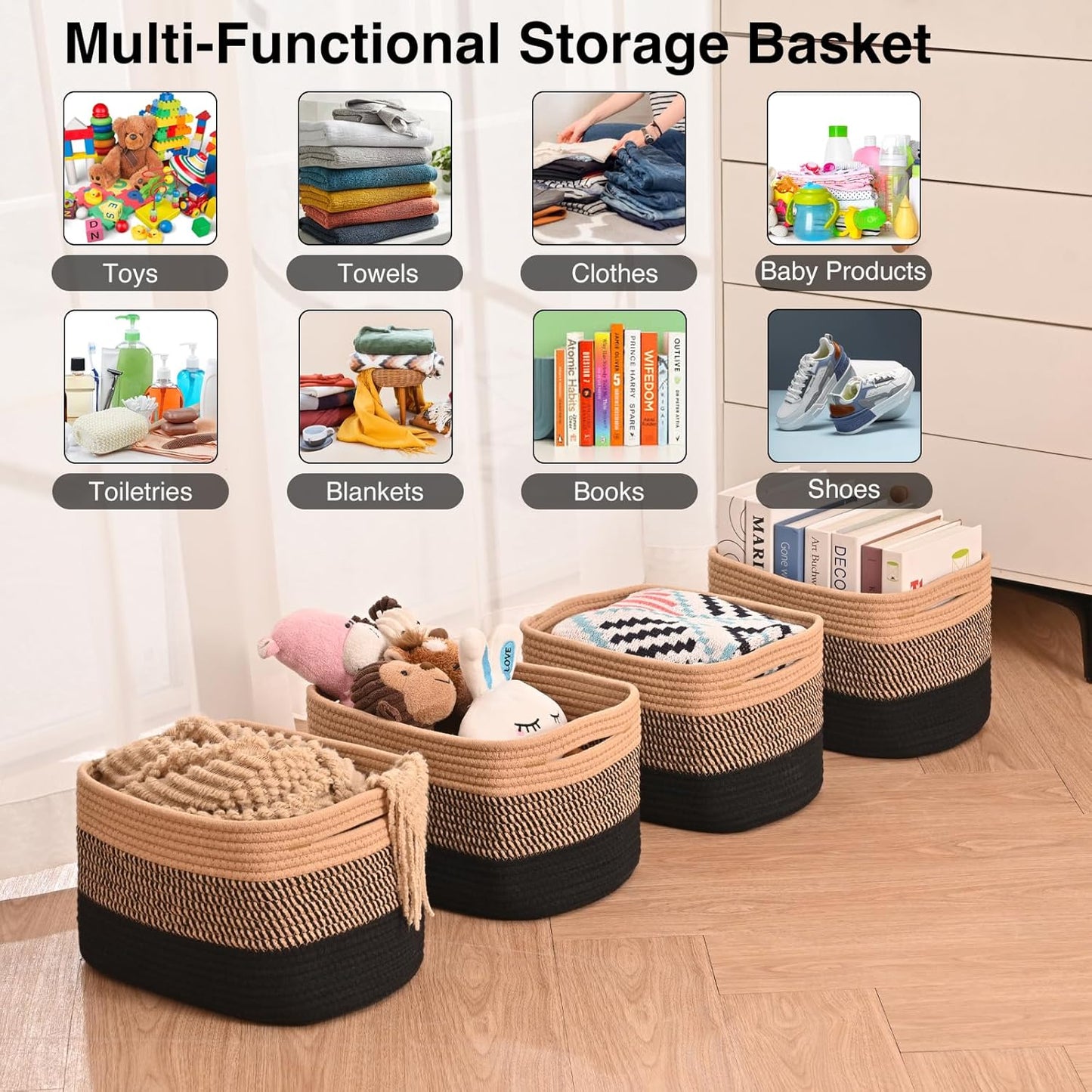 Storage Baskets for Shelves Organizing, Woven Cotton Rope Baskets for Storage, Book Basket, Towel Basket, 12.5"Lx9.1''Wx7.9''H (4 Packs) Gradient Black & Jute