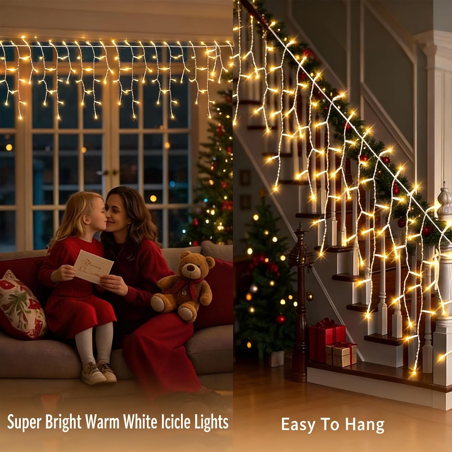 Icicle Lights for Outside 150 10ft 27 Drops Icicle Christmas Lights Outdoor Warm White Incandescent String Lights Indoor and Outdoor UL Listed for Patio Garden Wedding Bedroom (Mini Bulb)