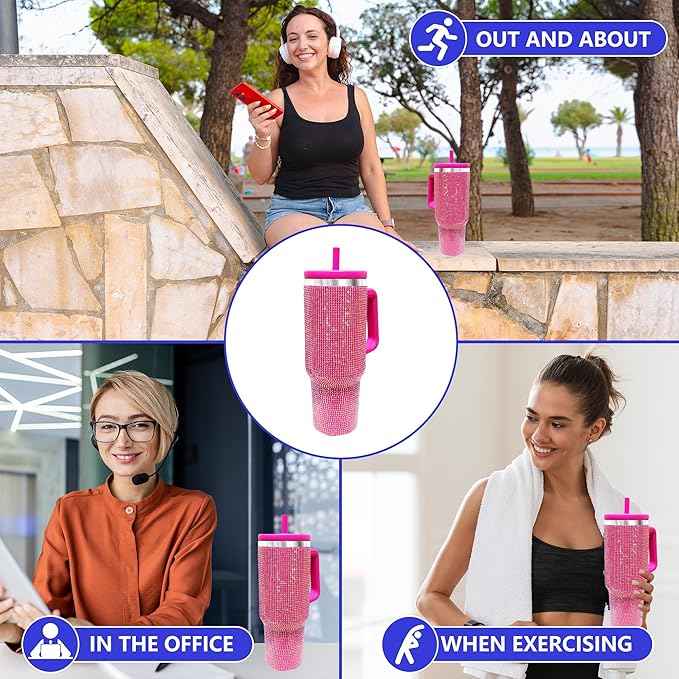 40-OZ Insulated Water Bottle,Insulated Stainless Steel Tumbler,Reusable Cold Drink Thermos,BPA-Free, Double-Wall Stainless Steel Water Bottle (Rose Red-Diamond, 40, Fluid Ounces)