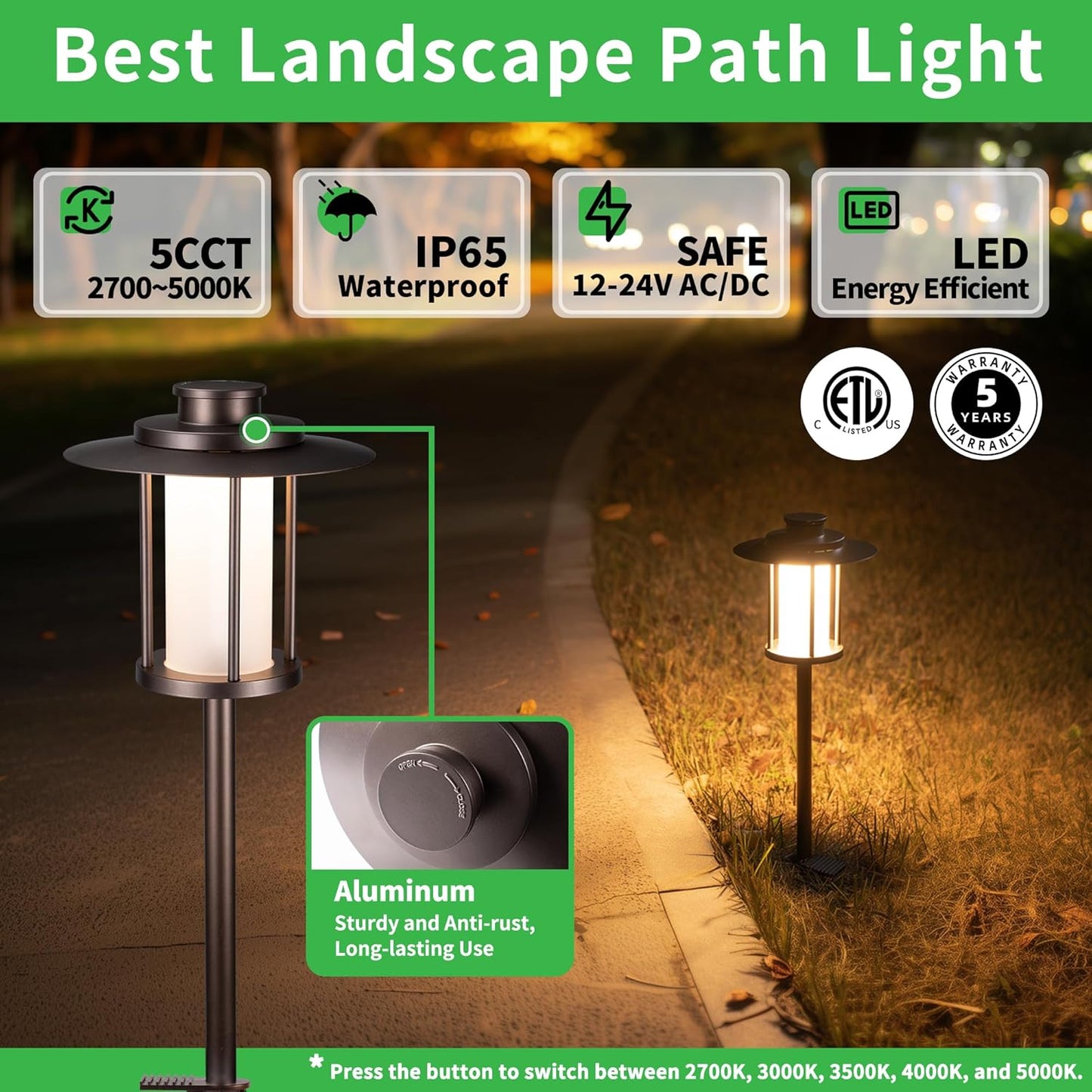 Outdoor Pathway Lights Wired 12V, 2700K/3000K/3500K/4000K/5000K Selectable Landscape Path Light Waterproof, LED Walkway Fixture Electric, ORB Aluminum for All Weather Garden Yard (12 Pack)