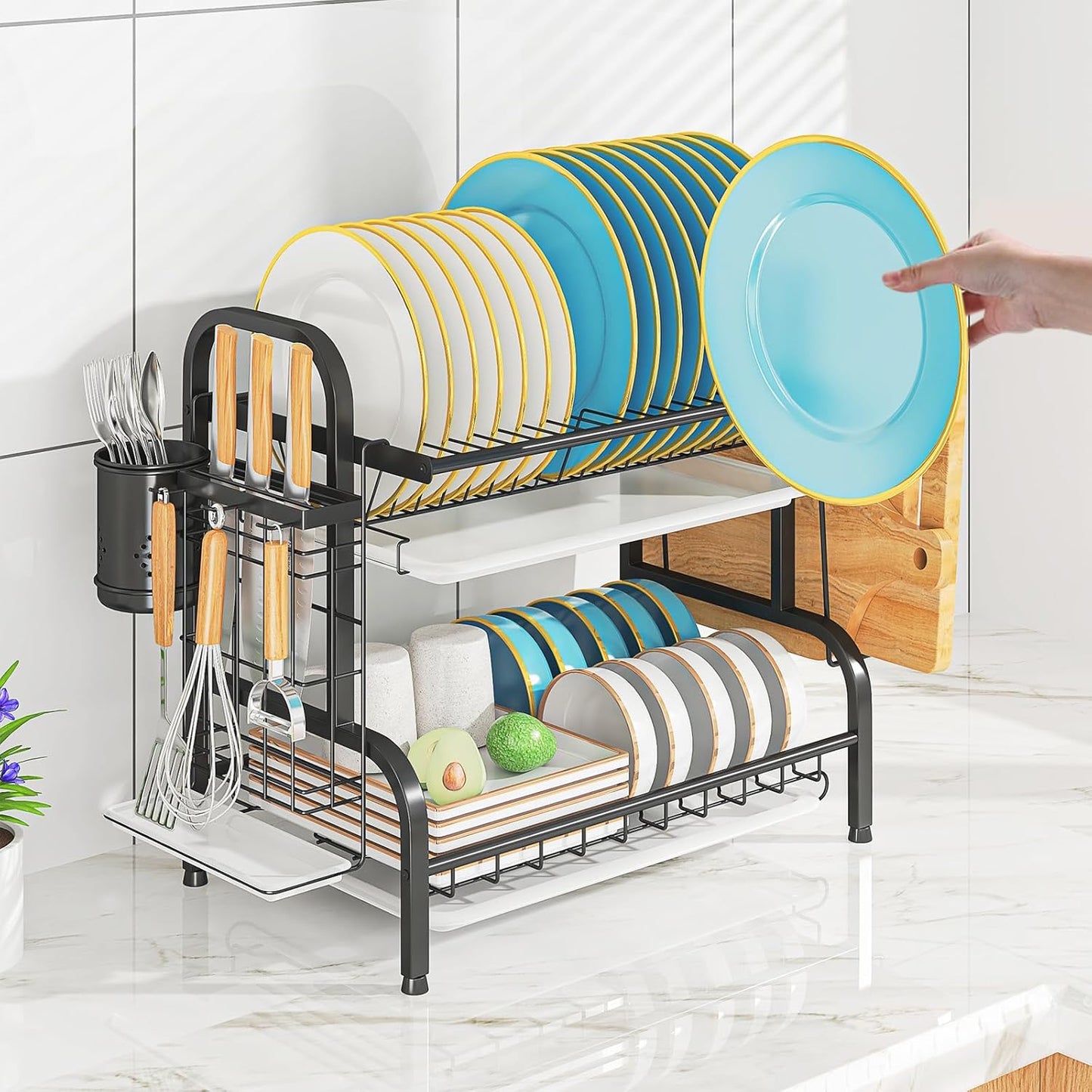 2-Tier Stainless Steel Dish Drying Rack, Space-Saving Kitchen Organizer for in/Over Sink/Counter, with Removable Drain Tray & Cutlery Holder & Utensil Holder, Black