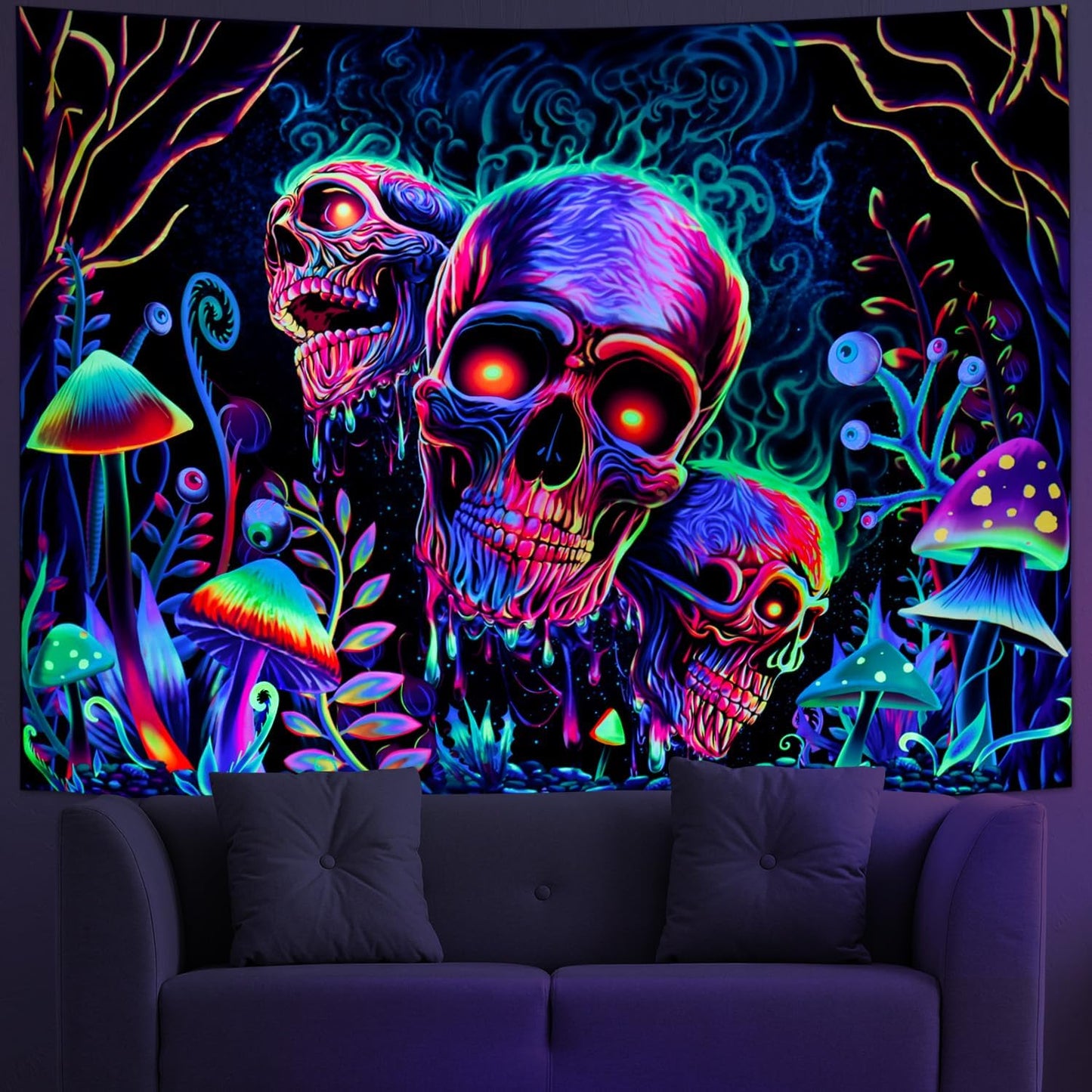 Amonercvita Blacklight Skull Tapestry Trippy Skeleton Wall Tapestries UV Reactive Neon Plants Trees Tapestries Aesthetic Galaxy Space Tapestry Wall Hanging for Bedroom Decor(W59.1×H78.7 inches)