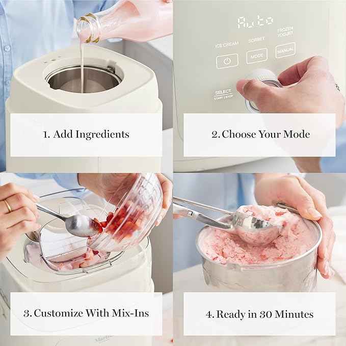 Martha Stewart 1 Quart Ice Cream Maker, Built-In Compressor, No Pre-Freezing Required, 3 Modes (Ice Cream, Sorbet, Frozen Yogurt), Automatic Mix-In Alert, Dishwasher-Safe Parts, Linen White