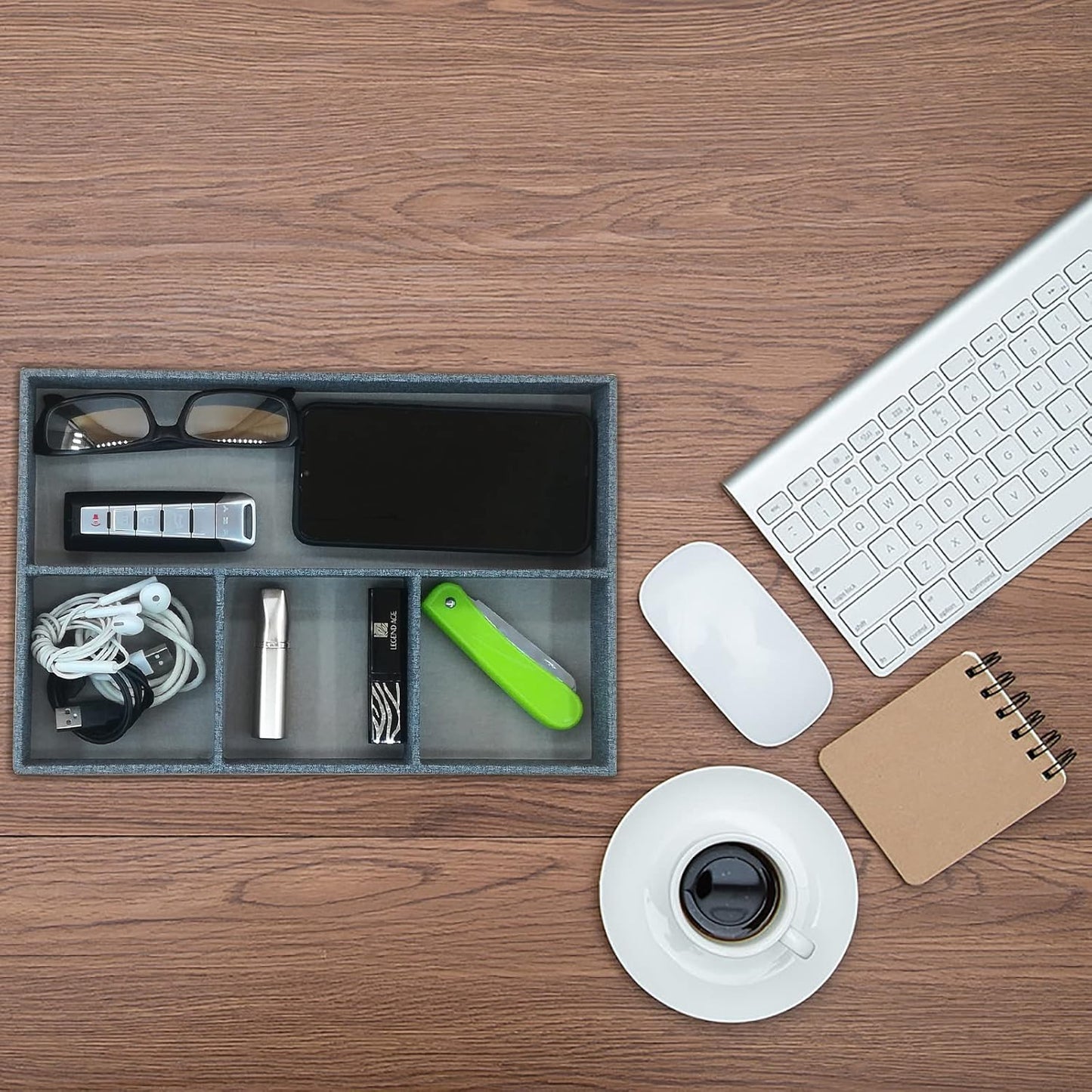 Desktop Storage Organizer, Bedside Table or Storage rack Leather Tray, Valet Tray, Dresser Organizer, 4 Compartments,PU Leather Drawer Storage Organizer Decorative Trays. (gray)