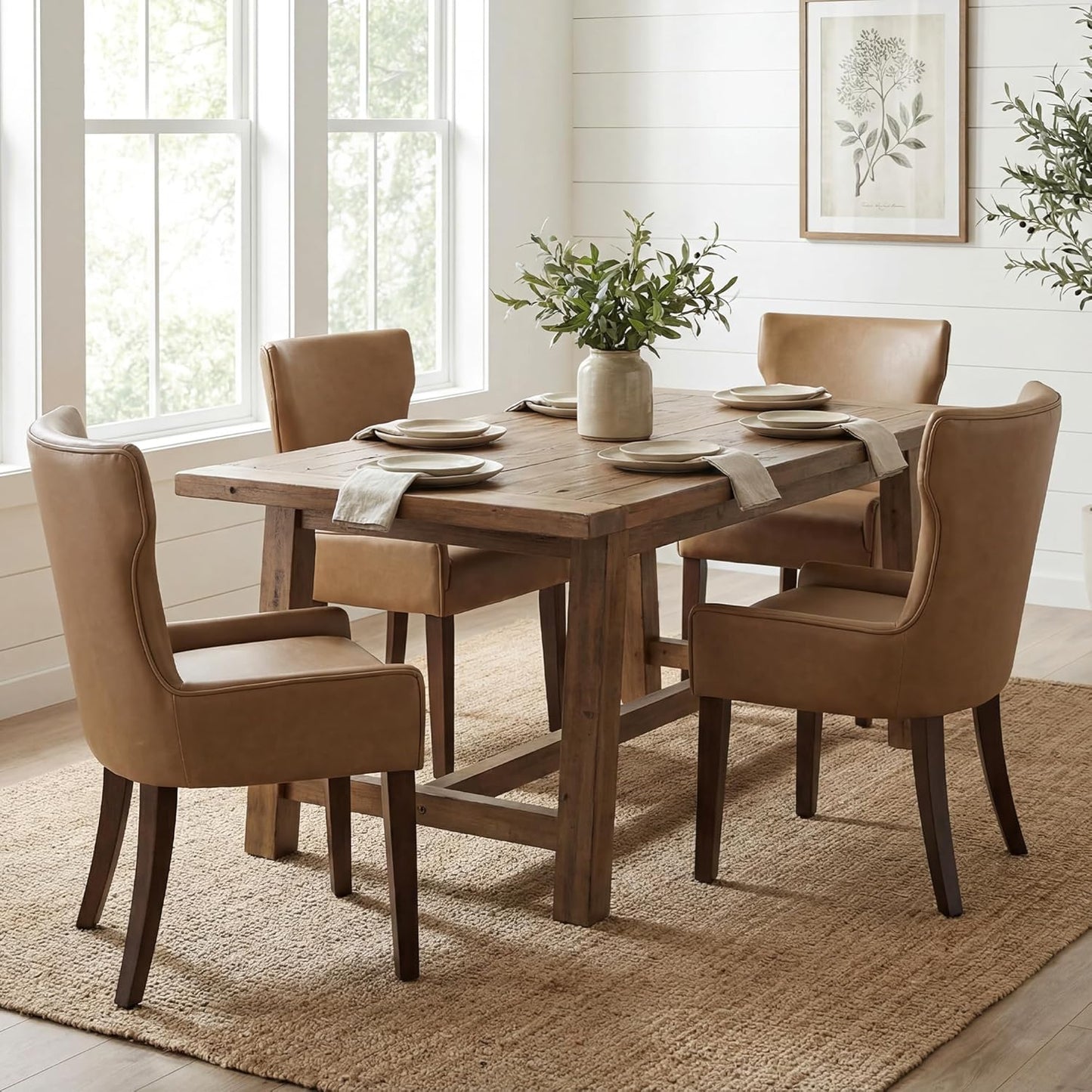 Modern Dining Chairs Set of 4, Faux Leather Kitchen Chairs with Wood Legs, Upholstered Curved Back Side Accent Chair for Kitchen/Dining Room, Brown PU