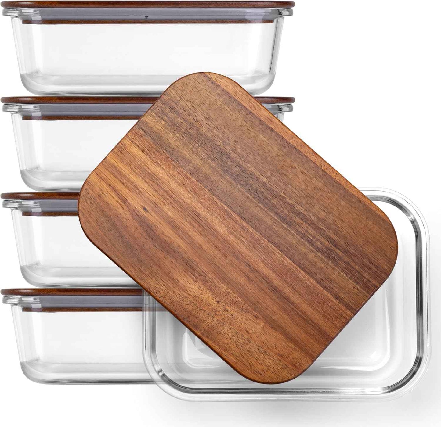 5-Piece Borosilicate Glass Food Storage Containers with Acacia Wood Lids — 35 oz Rectangular Meal Prep & Leftovers Set, Oven, Freezer & Microwave Safe, Plastic-Free