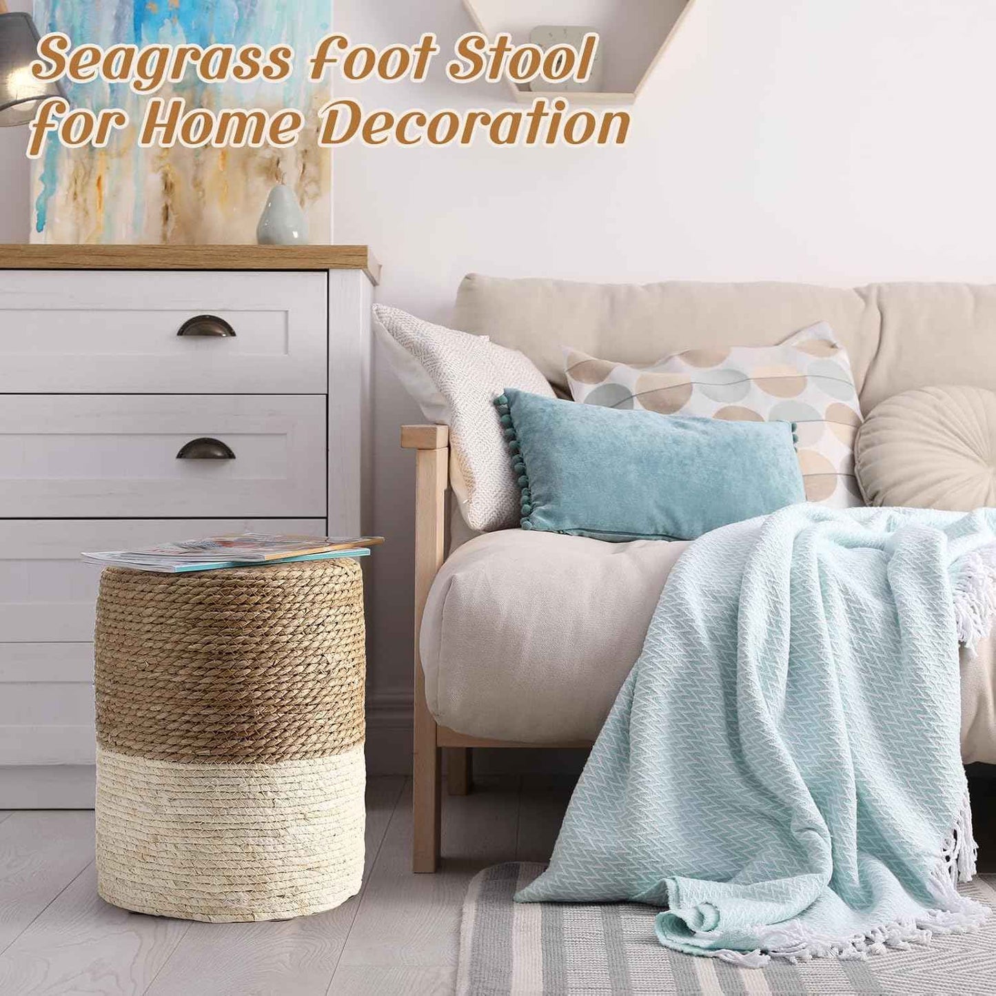 Barydat 2 Pcs 15'' Ottoman Pouf Natural Seagrass Braided Poof Hand Weaving Round Ottomans Boho Footrest Stool for Home Living Room Bedroom Patio(Natural and White)