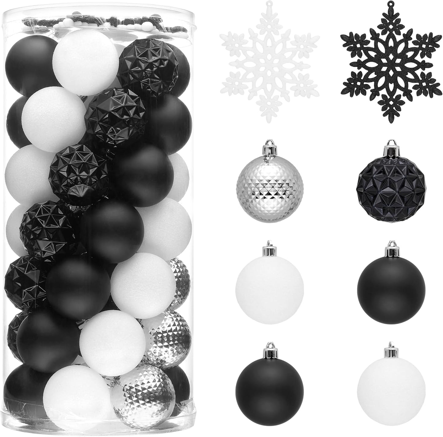 Valery Madelyn Christmas Tree Decorations Ornament Set for Fall Halloween Decor, 50ct Black and White Shatterproof Christmas Ball Ornaments Bulk, 2.36 Inches Hanging Decor for Xmas Holiday Party
