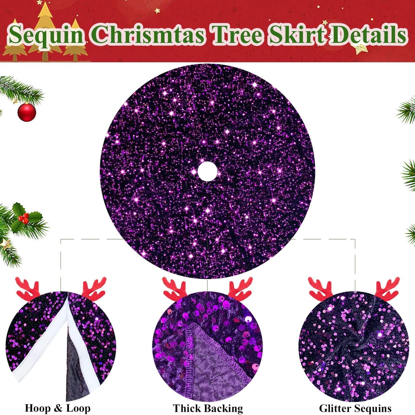 Purple Christmas Tree Skirt Decorations 46 Inch Sequin Christmas Tree Skirt Sparkly Halloween Tree Mat Velvet Tree Skirts Xmas Home Decor Sequins Tree Cover Round Tree Base Skirt for Christmas Decor