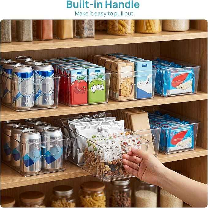 Vtopmart 4pcs Clear Organizers and Storage Bins, Plastic Storage Containers with Handles for Fridge, Freezer, Pantry, Cabinet, Kitchen Organization