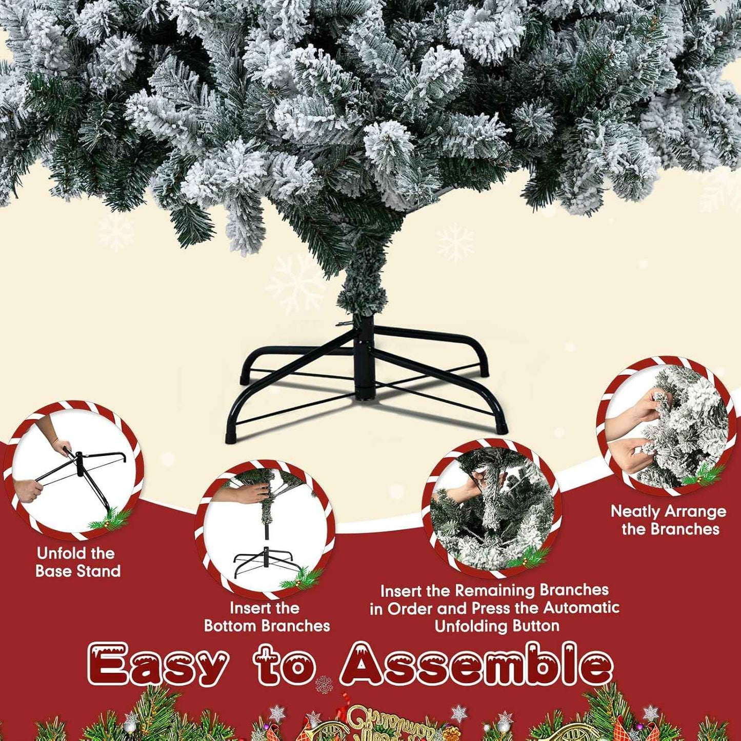 7Ft Prelit Christmas Tree,Snow Flocked Artificial Hinged Holiday Christmas Pine Tree,Xmas Tree w/400 LED Lights and 1500 Snow Flocked Branch Tips for Home,Office,Party Decoration