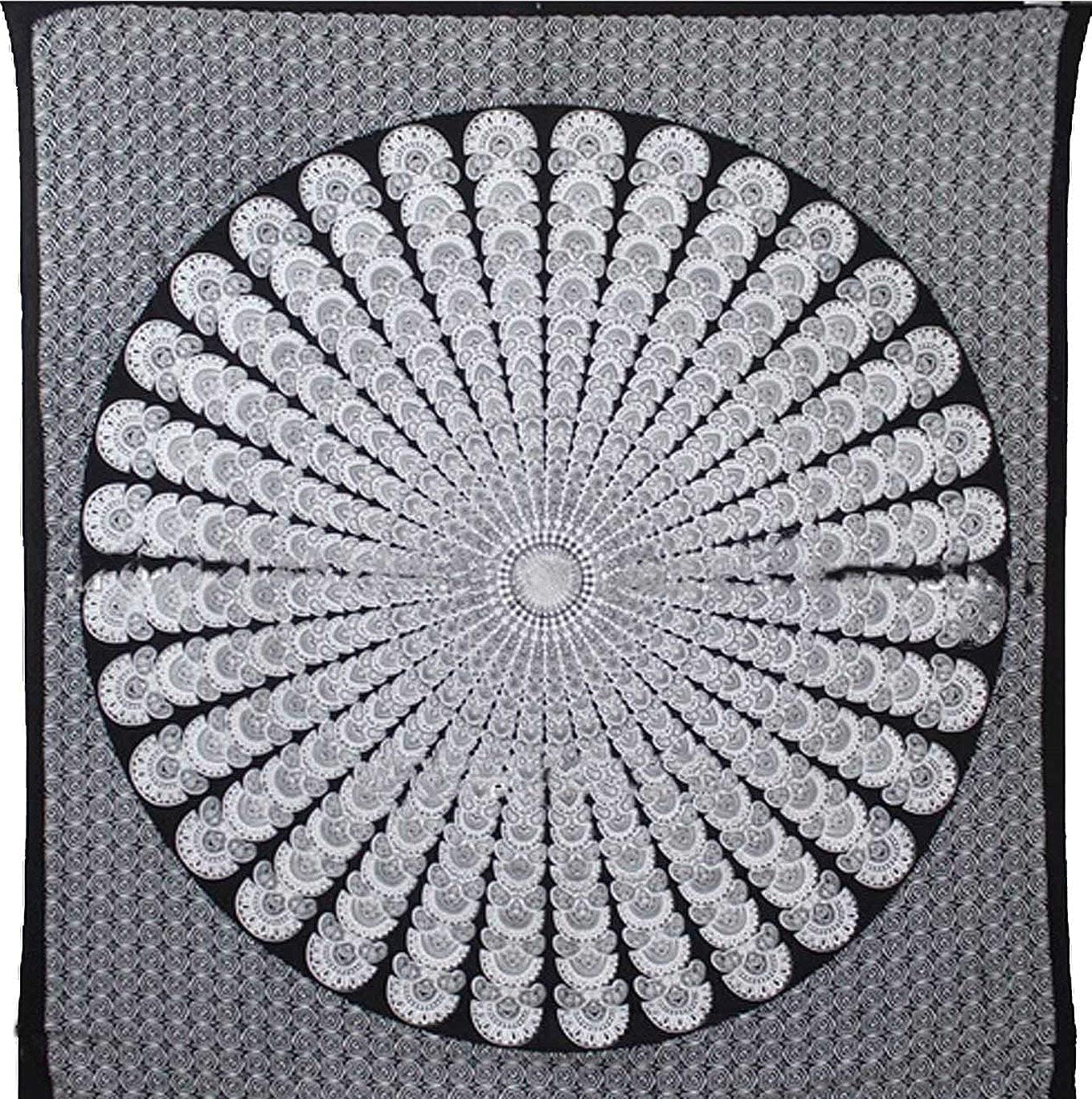 Bless International Handmade Indian hippie Bohemian Psychedelic Peacock Mandala Wall hanging College Dorm Beach Throws Table Cloth Bedding Tapestry (Black White, Medium(54x60Inches)(137x152cms))