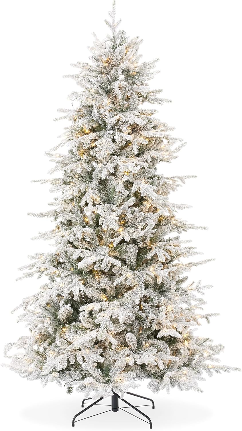 Casafield 7.5FT Pre-Lit Snow Flocked Slim Aspen Fir Artificial Holiday Christmas Tree with White & Multicolored LED Lights, Realistic Noble Fir with Metal Stand