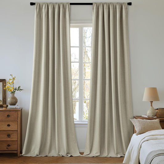 MIULEE 100% Blackout Curtains 108 Inch Long 2 Panels Set for Bedroom, Thick Luxury Faux Linen Black Out Curtain Room Darkening Back Tab Pleat Window Textured Drapes with Hooks for Living Room, Oatmeal