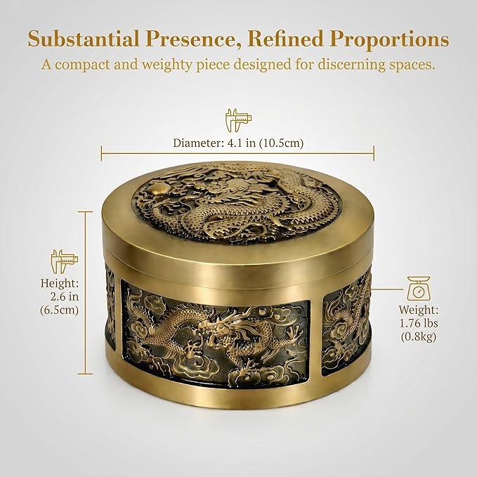 Solid Brass Decorative Bowl with Lid, Gold Metal Key Holder for Entryway Table, Small Catch All Jewelry Box for Rings & Trinkets, Dragon Carving Home Decor Brings Good Fortune