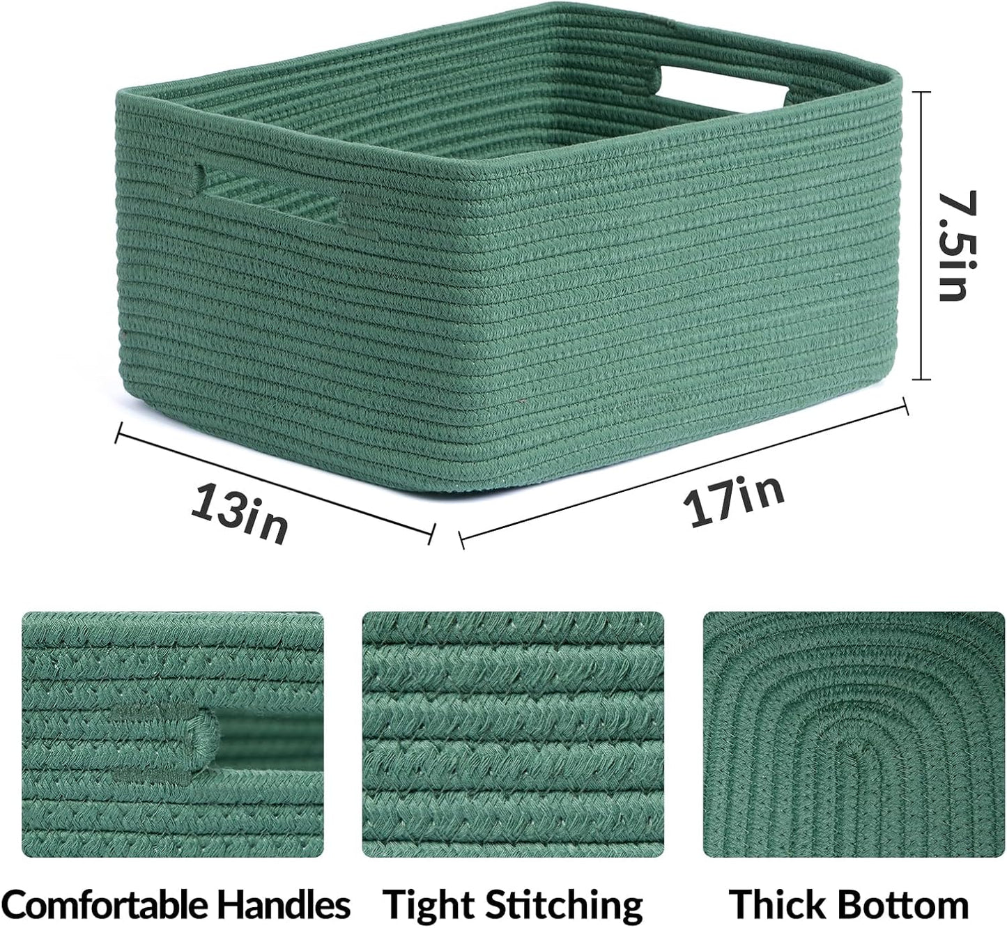 Large Storage Baskets for Shelves, Closet Organizers Bins for Clothes Blanket Towels, Baby Nursery, Toy Baskets Box, Woven Rope Baskets, 17 x 13 x 7.5”, 2 Packs Green