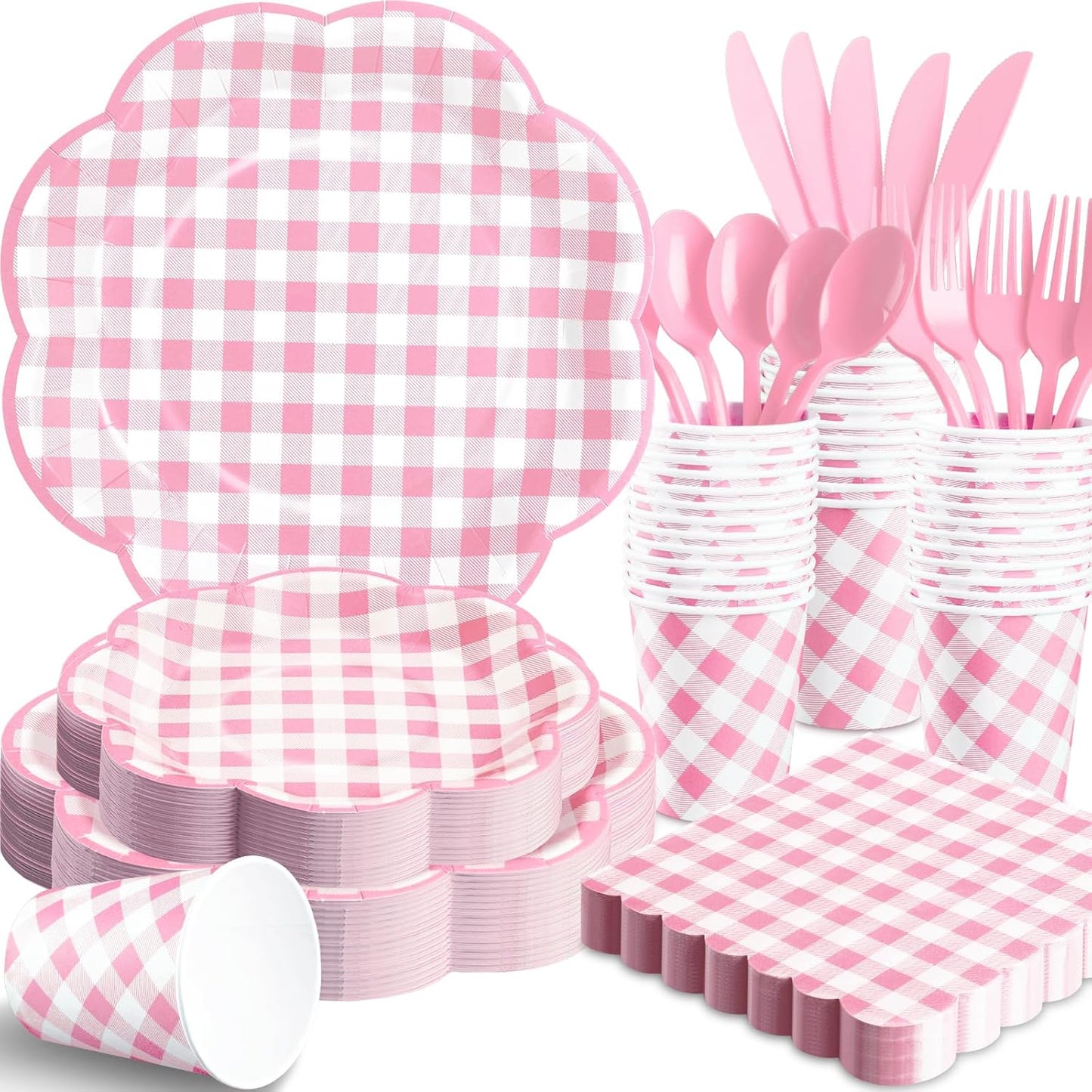 350 Pcs Pink Gingham Plates and Napkins Party Supplies - Pink and White Checkered Plates Sets Serve 50 Guests - Scalloped Gingham Paper Plate for Birthday Wedding Picnic Party Decorations