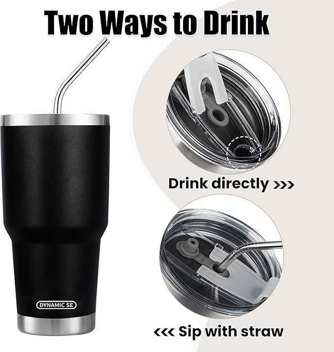 D·S 30 oz Black Tumbler Stainless Steel Double Wall Vacuum Insulated Mug with Straw and Lid, Cleaning Brush for Cold and Hot Beverages