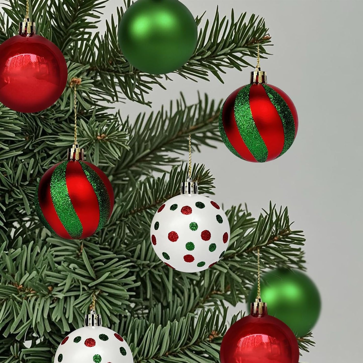Emopeak 24Pcs Christmas Balls Ornaments - 2.5 Inch Glittering Red Green White Christmas Ball Ornaments Shatterproof Xmas Tree Hanging Ball, Hanging Bulbs for Home Holiday Party