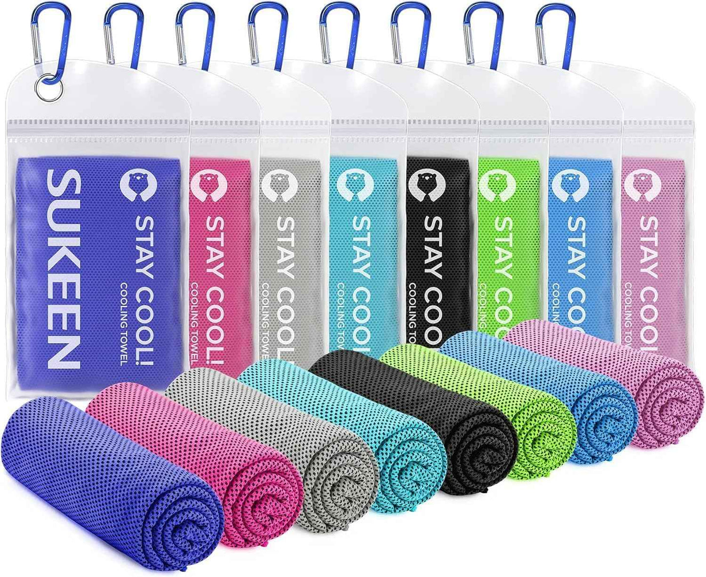 Sukeen 8 Pack Cooling Towels (40"x12"), Cooling Towels for Neck and Face, Microfiber Soft Breathable Chilly Ice Towel, Sweat Towel for Gym, Yoga, Sports, Golf, Camping, Running, Fitness, Workout