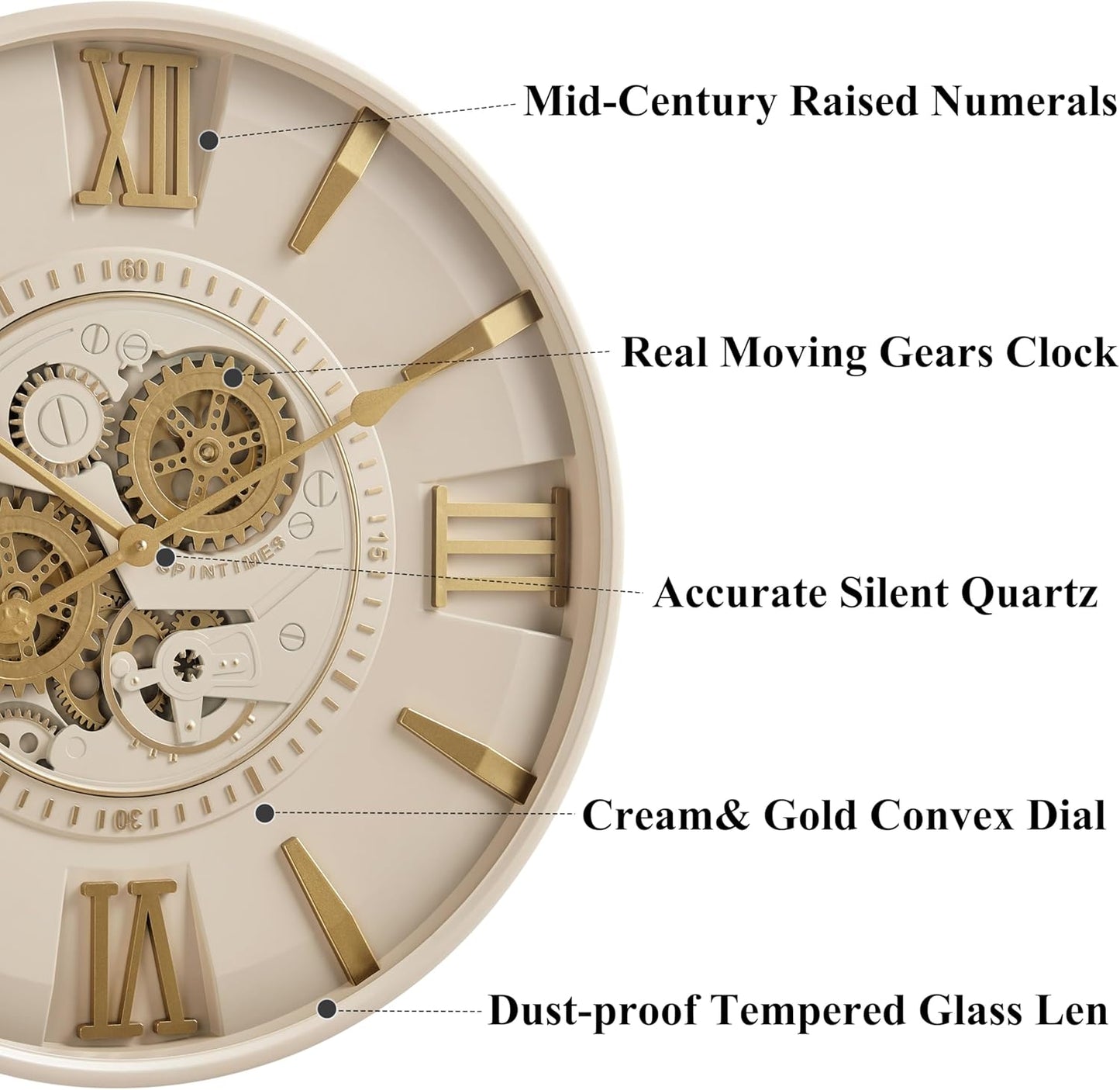 CLXEAST Mid Century Minimalist Modern Wall Clocks,24 Inch Wall Clock with Moving Gears, Large Cream Gold Wall Clocks for Living Room Decor,House Warming Gifts New Home