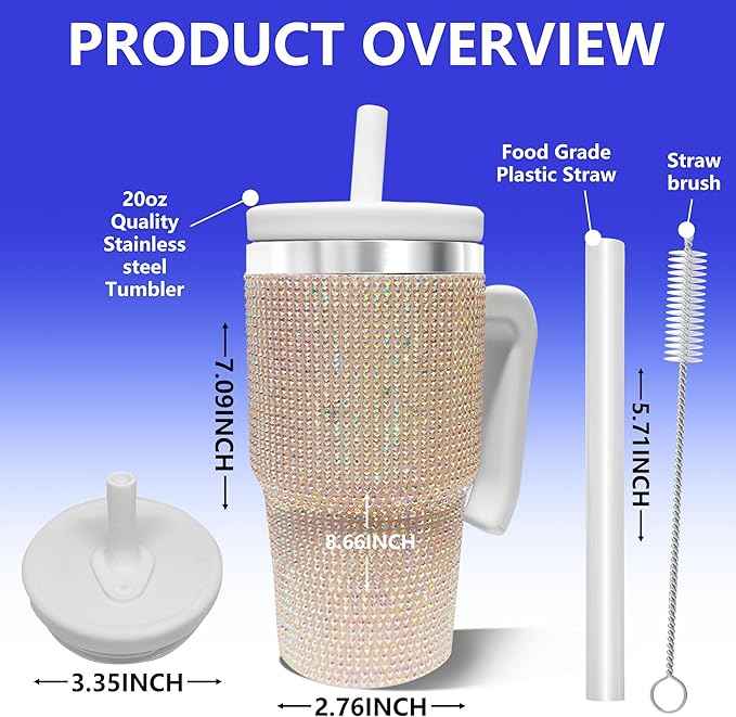 2PCS 20-OZ Insulated Water Bottle,Insulated Stainless Steel Tumbler,Reusable Cold Drink Thermos,BPA-Free, Double-Wall Stainless Steel Water Bottle (White-Diamonds, 20, Fluid Ounces)