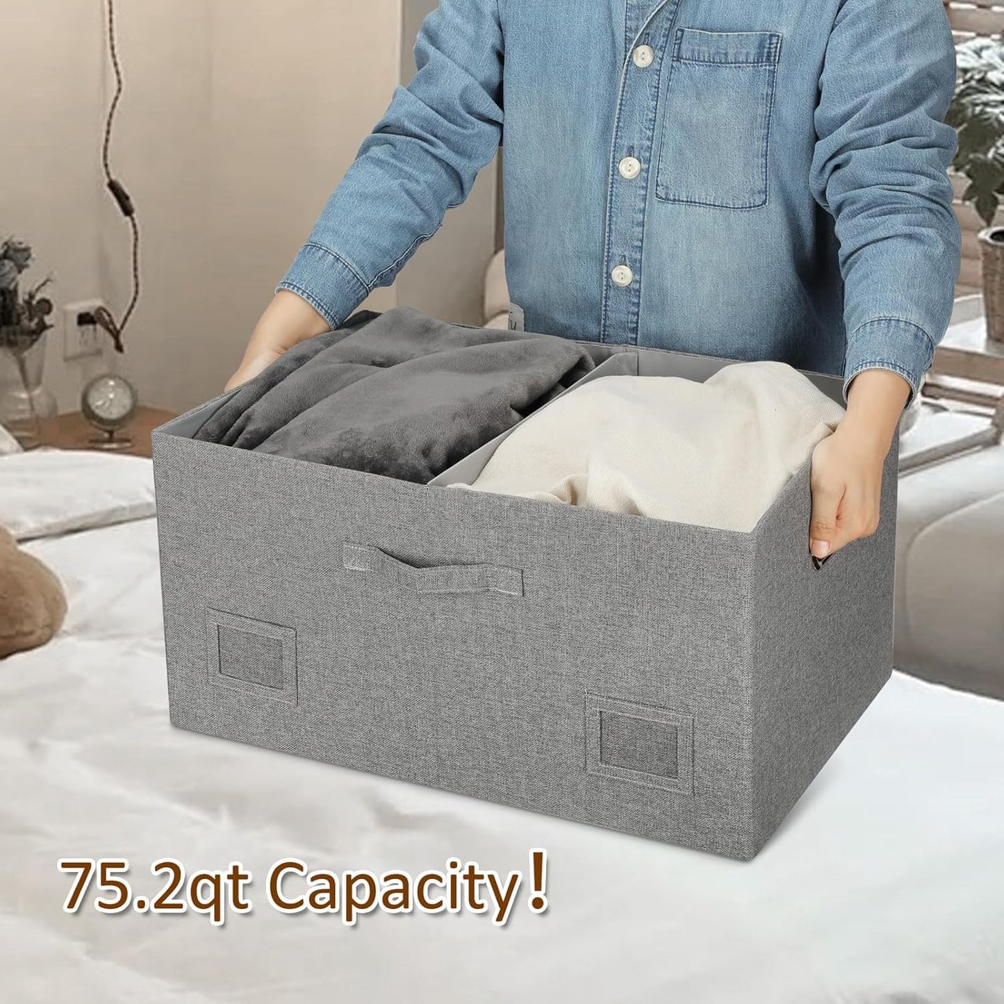 75 Quarts Extra Large Decorative Storage Bins with Lids, 1 Pack Gray Collapsible Storage Bins with Lids, Stackable Storage Bins Decorative Box Storage With Lid Extra Large