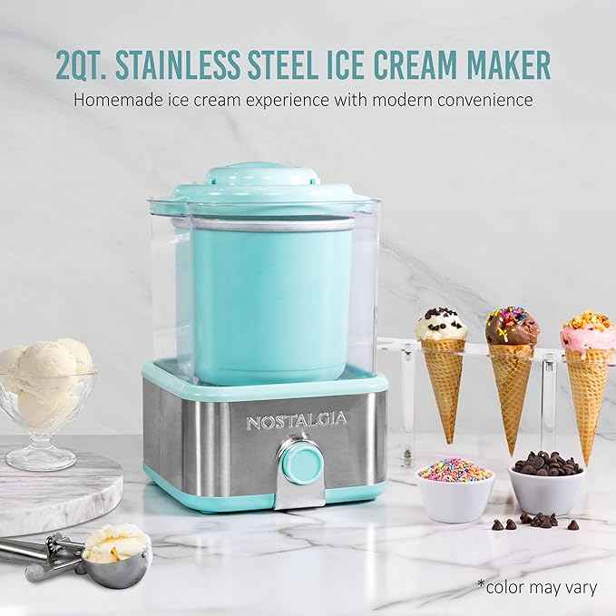 Nostalgia Electric Ice Cream Maker with 2-Qt Double Insulated Gel Canister & Stainless Steel Base - Makes Sorbet, Soft Serve, and Frozen Yogurt - Aqua